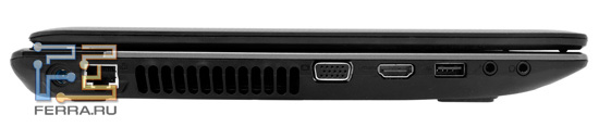 Левый торец Acer Aspire 5560G: разъем питания, RJ-45, D-SUB, HDMI, USB, аудио разъемы