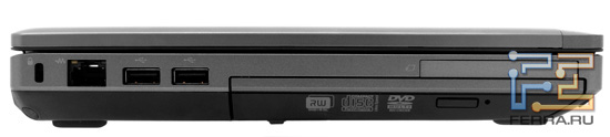 Левый торец HP ProBook 6360b: Kensington Lock, RJ-45, два USB, ExpressCard/54, оптический привод