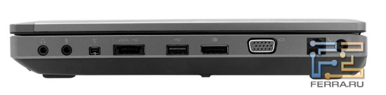 Правый торец HP ProBook 6360b: разъем питания, RJ-11, D-SUB, DisplayPort, USB, eSATA, FireWire, аудио разъемы