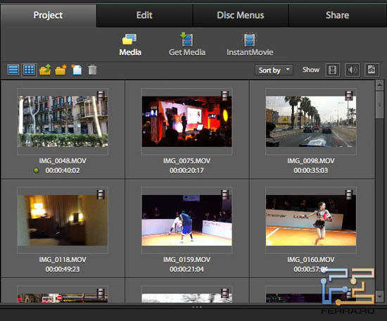 Раздел Project со списком видеофайлов в Adobe Premiere Elements 10