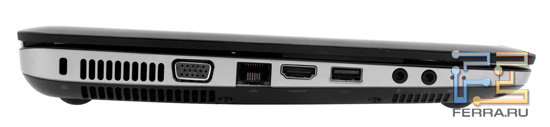 Левый торец HP Pavilion dm4-2001er: Kensington Lock, D-SUB, RJ-45, HDMI, USB, аудио разъемы