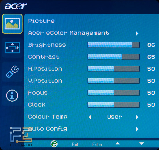 Основные настройки изображения Acer DX241H