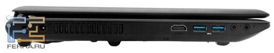 Левый торец MSI GE620DX: разъем питания, HDMI, два USB 3.0, аудио разъемы