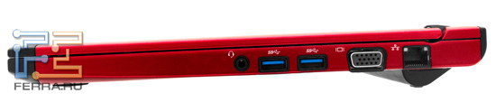 Правый торец Dell Vostro V131: аудио выход, USB 3.0, D-SUB, RJ-45