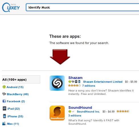 Результаты поиска приложения на сайте Quixey