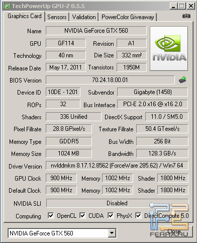 CPU-Z, Gigabyte GV-N56GSO-1GI в номинале