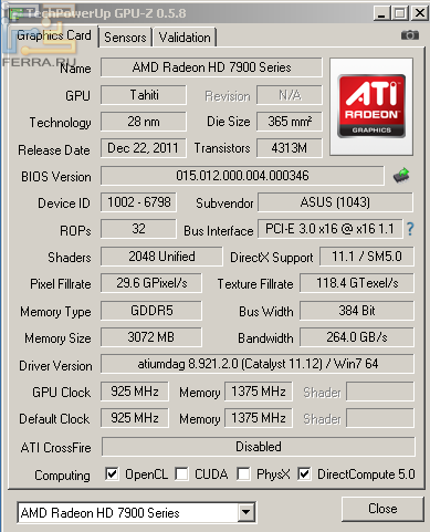 GPU-Z для видеокарты HD 7970 в номинале