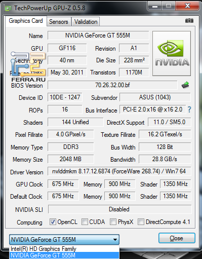 Показатели GPU-Z для ноутбука ASUS N55SF в номинале
