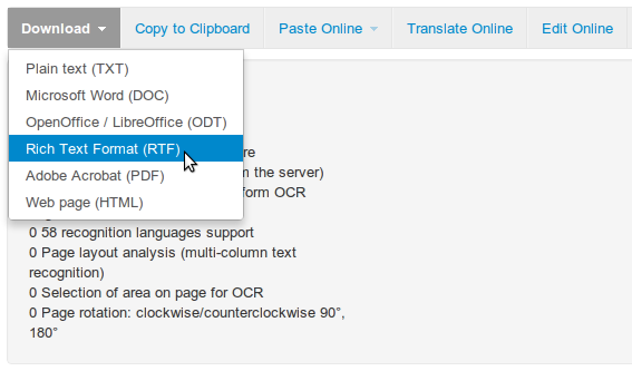 Распознанный текст и варианты действий с ним на сайте NewOCR
