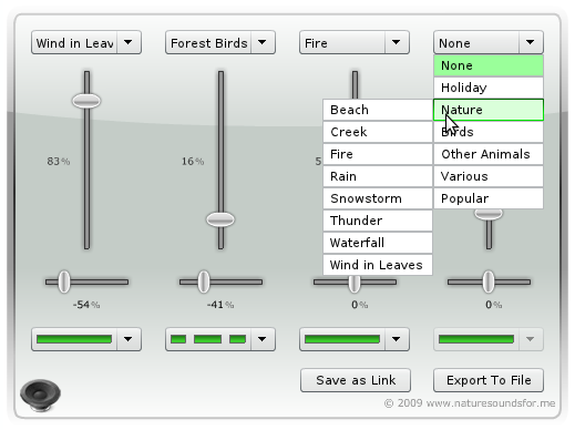 Настройки шума на сайте NatureSoundsFor.me