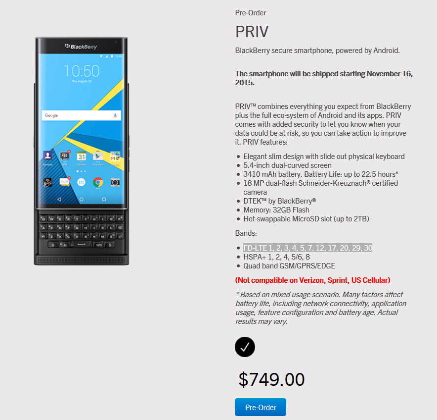 Android-смартфон BlackBerry Priv засветился в предзаказе на сайте BlackBerry