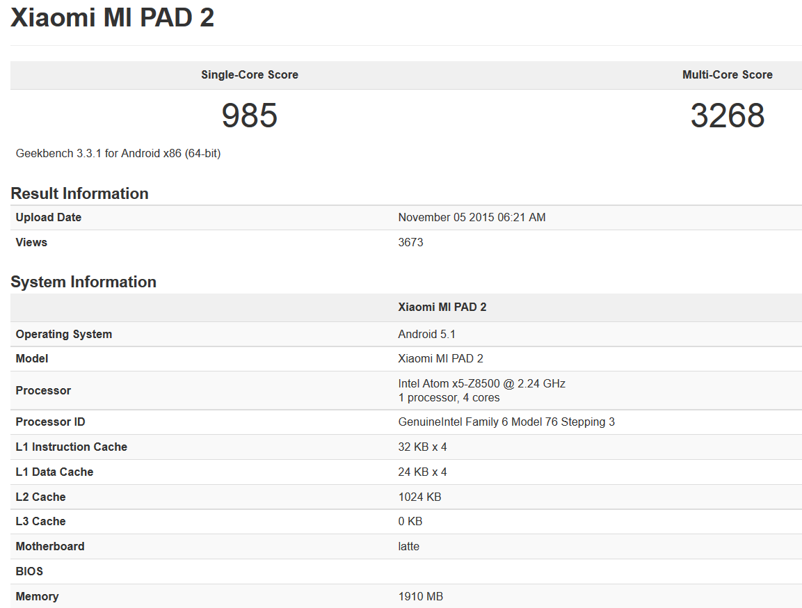 Планшет Xiaomi Mi Pad 2 засветился в бенчмарке