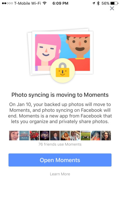 Facebook требует для синхронизации фото приложение Moments