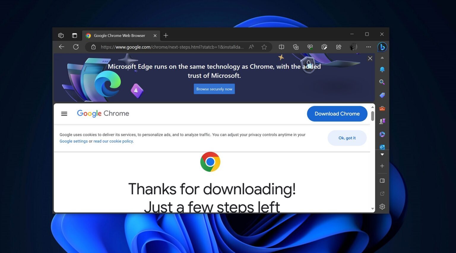 Браузер Microsoft Edge начал помечать установочник Google Chrome как «вредоносный файл»