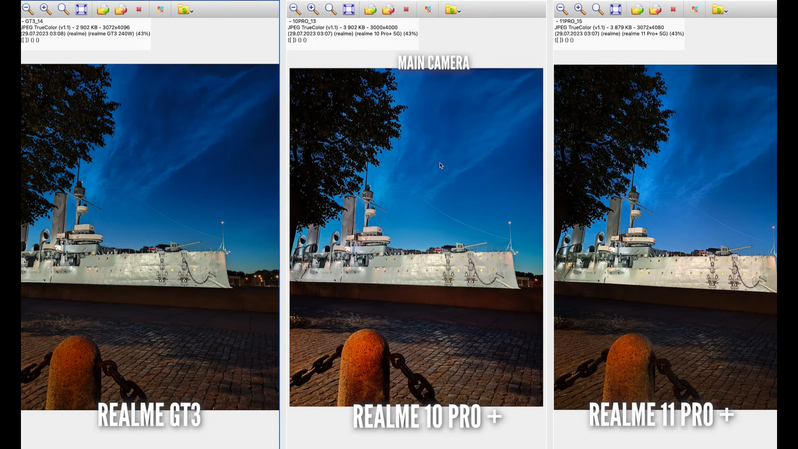 Смартфоны среднего класса Realme 10 Pro+ и 11 Pro+ сравнили с флагманским GT3 по качеству камер