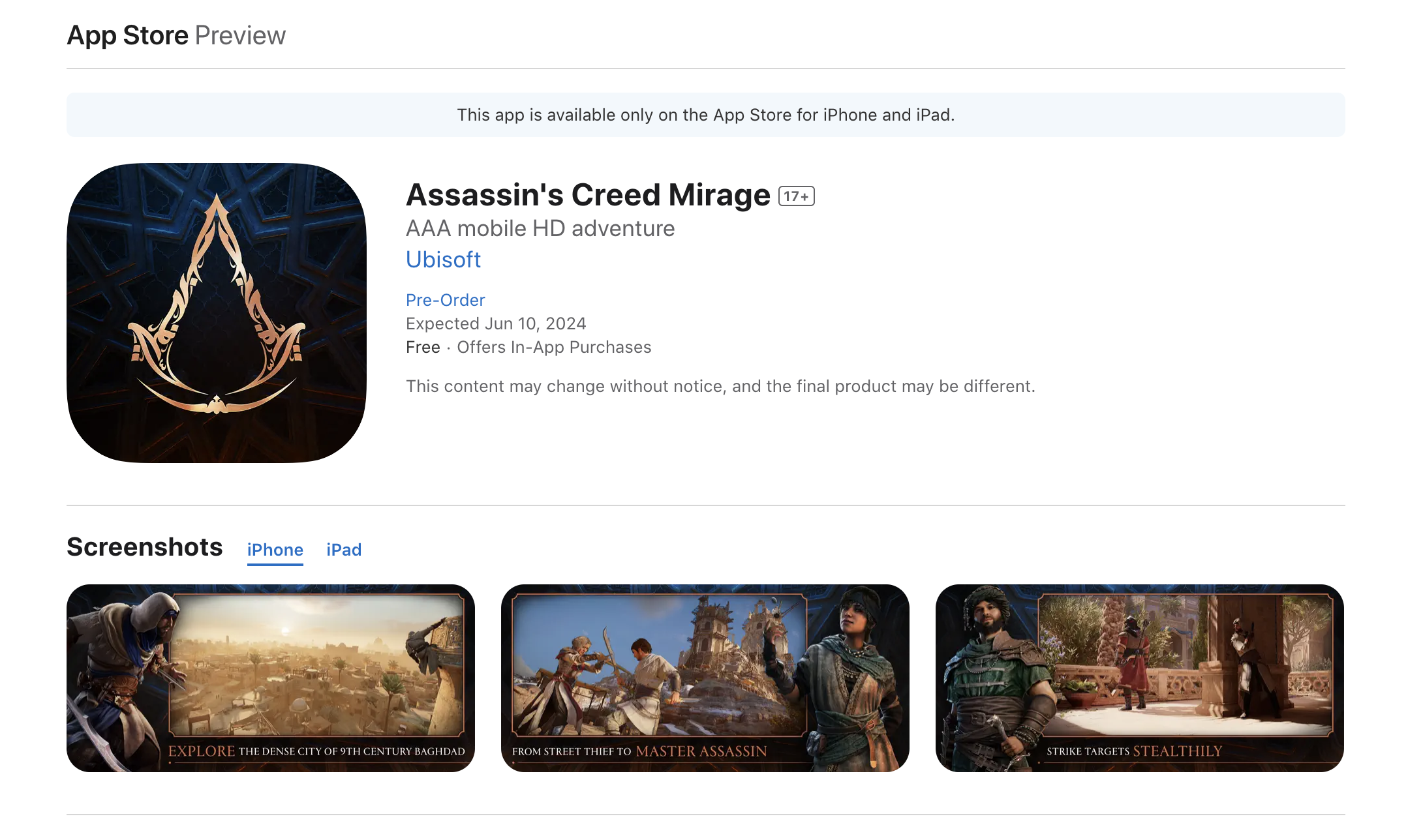 Assassin's Creed Mirage появилась в магазине приложений для iPhone и iPad