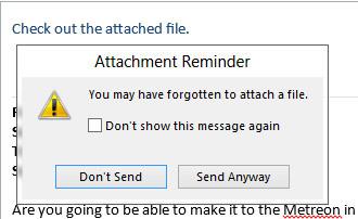 Предупреждение об отсутствии вложений в письме Outlook 2013