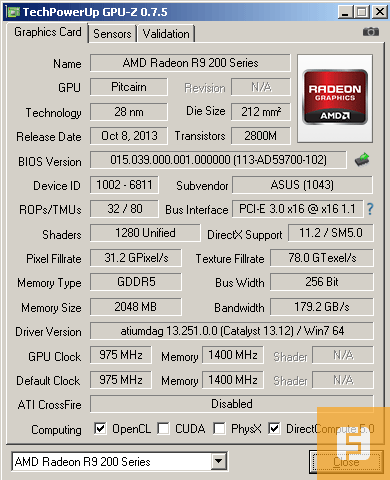 GPU-Z, ASUS R9 270 DC2OC-2GD5, оригинальные частоты