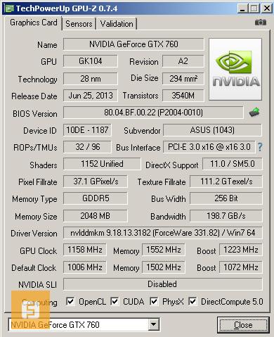 GPU-Z, ASUS GeForce GTX 760 DirectCU Mini, разгон