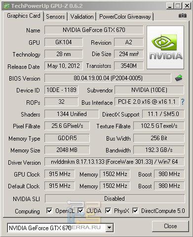 Технические характеристики GTX 670