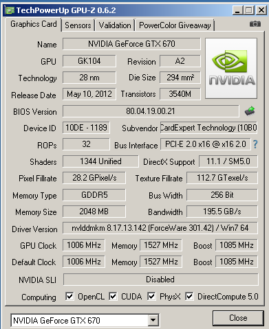 Характеристики Gainward GTX 670 Phantom в номинале