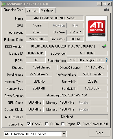 Технические характеристики AMD Radeon HD 7850