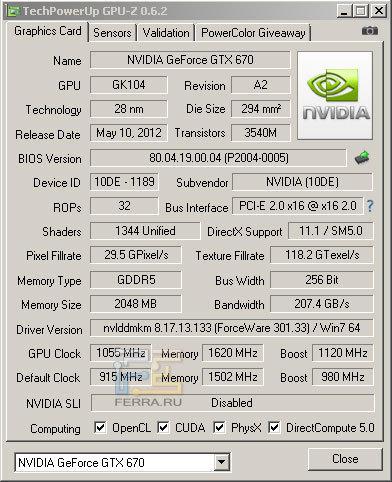 Характеристики разогнанной NVIDIA GTX 670