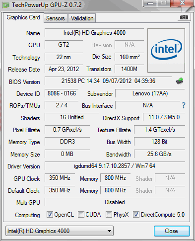 Характеристики Intel HD Graphics 4000 (Intel Core i5-3437U)