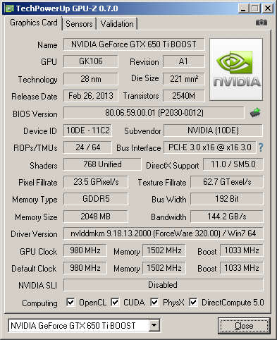 Характеристики видеокарты NVIDIA GeForce GTX 650 Ti BOOST