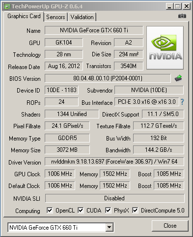 Характеристики KFA2 GTX 660Ti EX OC в номинале