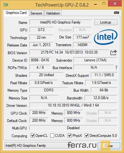 Характеристики видеоядра Intel HD Graphics 4400
