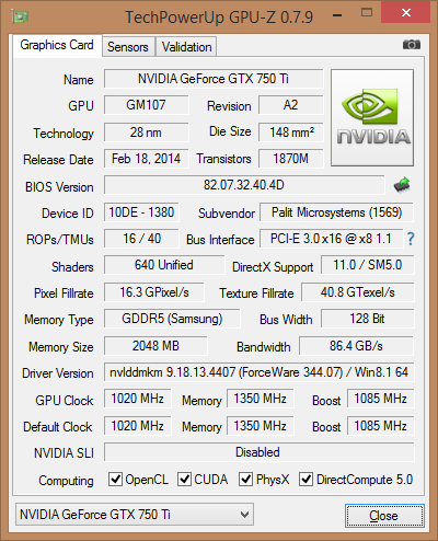 Технические характеристики Palit GeForce GTX 750 Ti KalmX