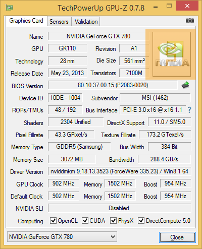 MSI GeForce GTX 780 TWIN FROZR GAMING OC, GPU-Z