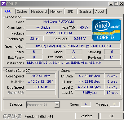 Характеристики процессора Core I7 3720QM