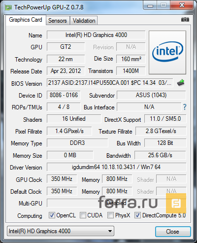 Характеристики Intel HD Graphics 4000 (Intel Core i3-3217U)
