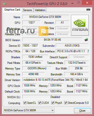 Характеристики NVIDIA GeForce GTX 980M