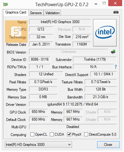 Спецификации Intel HD Graphics 3000