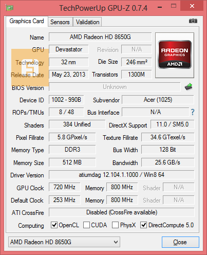 Спецификации графического ядра AMD Radeon HD 8650G