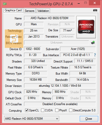 Спецификации графического процессора AMD Radeon HD 8750M
