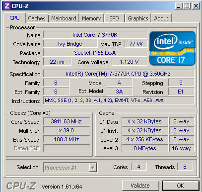Характеристики Intel Core i7 3770K в дефолте