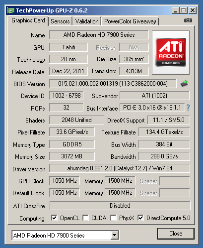 Характеристики AMD Radeon HD 7970 GHz Edition в номинале