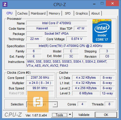 Характеристики Intel Core i7-4700HQ в программе CPU-Z