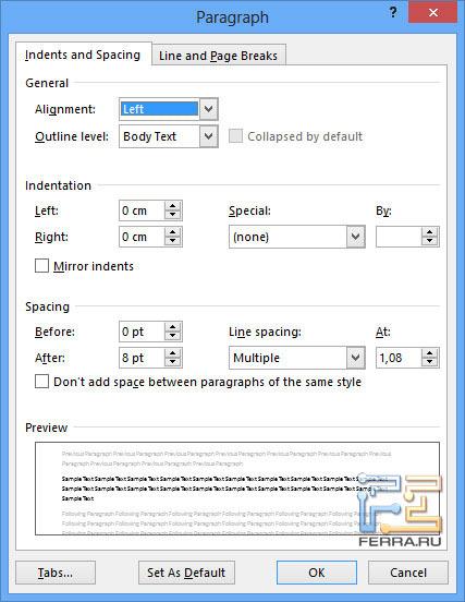 Окно параметров абзаца из Word 2013