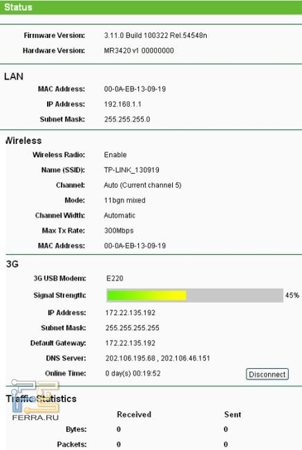 На странице статуса отображается уровень сотового сигнала