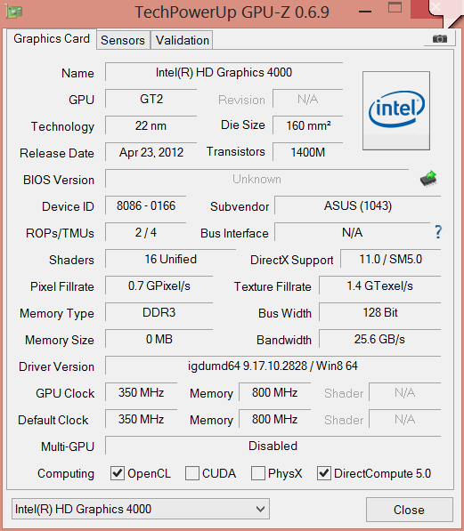 Характеристики Intel HD Graphics 4000