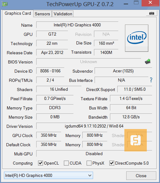 Характеристики Intel HD Graphics 4000 (Intel Core i5-3339Y)