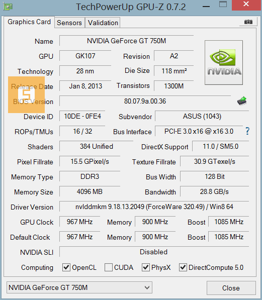 Характеристики NVIDIA GeForce GT 750M