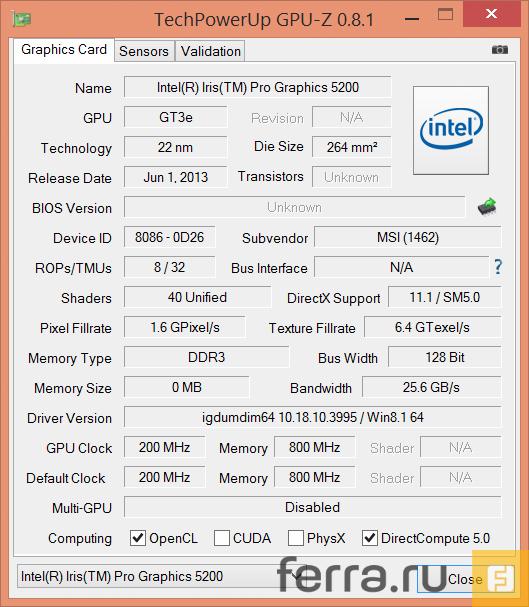 Характеристики видеоядра Iris Pro Graphics 5200