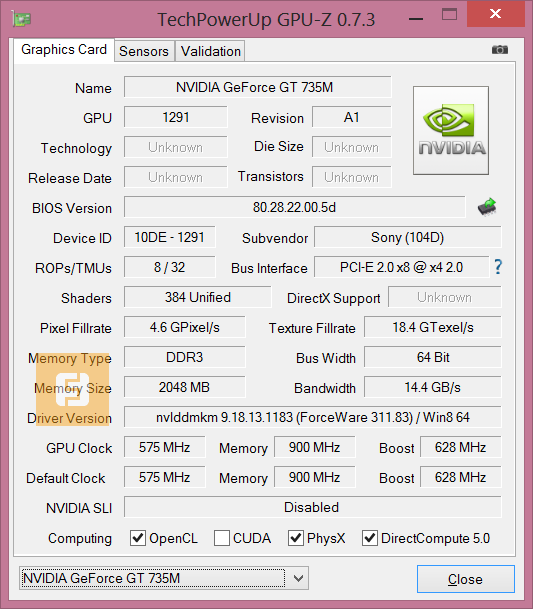 Спецификации графического ядра NVIDIA GeForce GT 735M