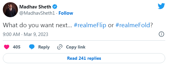 Анонс всё ближе: вице-президент Realme спросил у фанатов, какую модель складного смартфона выпустить первой